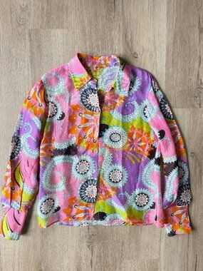 ALEXIS Saine Top Multicolor Linen & Silk Button Front Shirt LARGE
